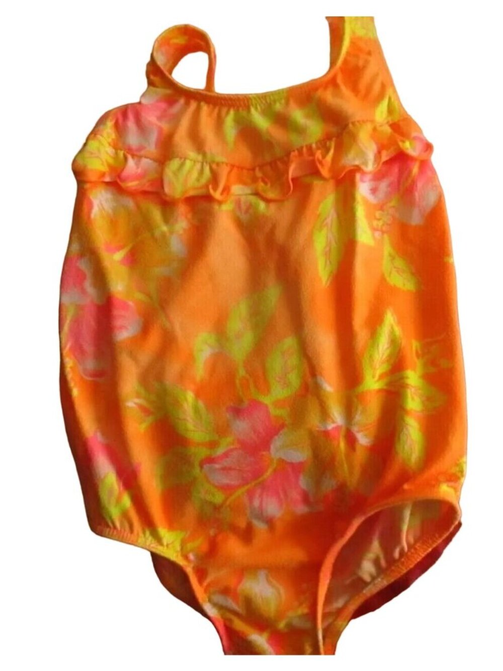 GIRLS 10 Swimsuit Vintage 1980's NYLON NEON ORANGE YELLOW 1 Piece swim suit  NEw